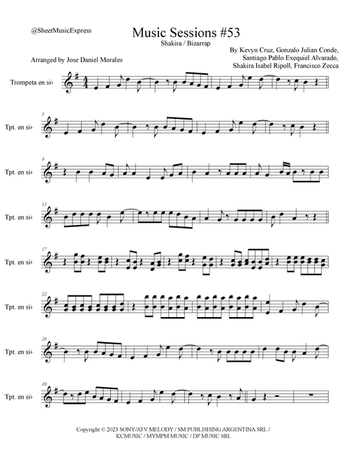 Shakira: Bzrp Music Sessions Vol. 53 (Arr. Sheet Music Express) - Shakira / Bizarrap (Trumpet Solo)