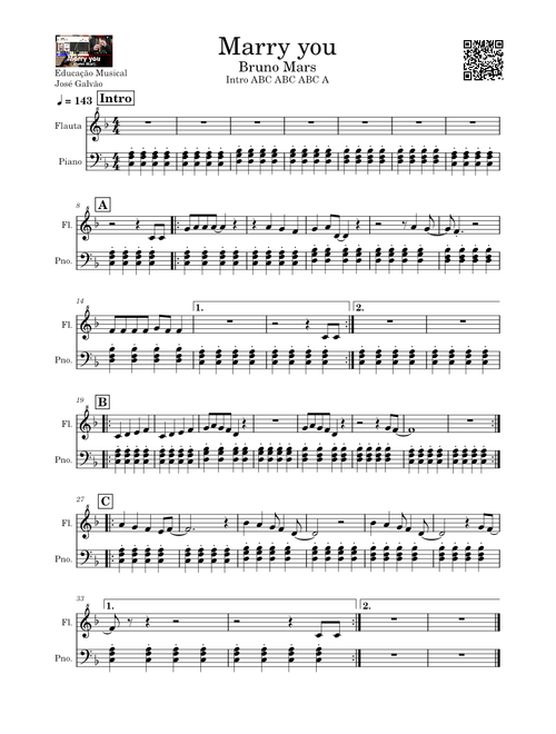 Marry you Bruno Mars Partitura Piano e Flauta Educação Musical José Galvão