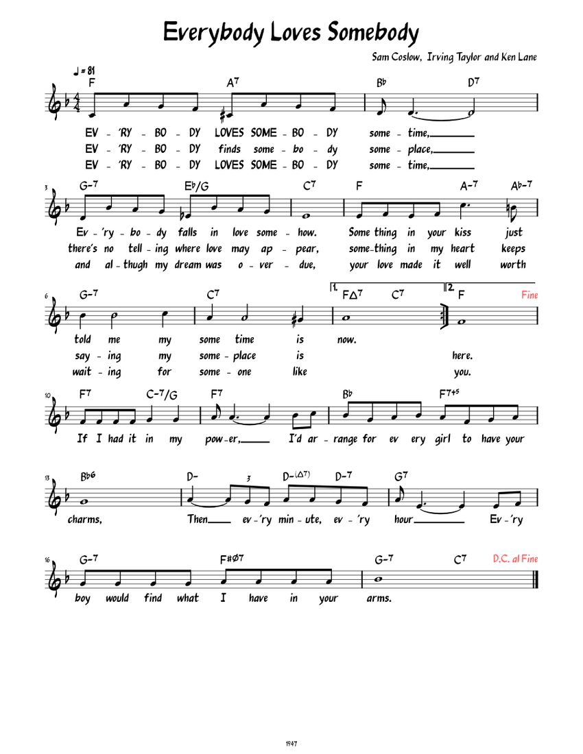 Everybody Loves Somebody (Lead sheet with lyrics ) Sheet music for