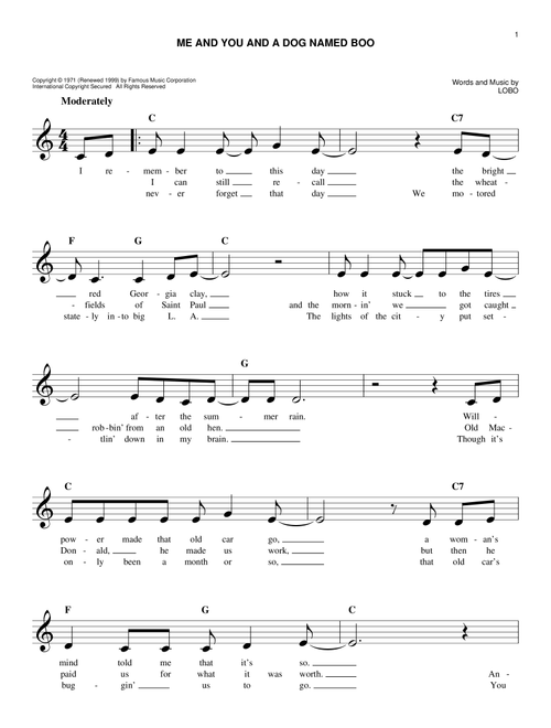 Me And You And A Dog Named Boo - Lobo (Easy Lead Sheet - Fake Book)