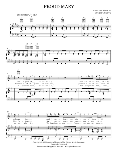 Proud Mary - Creedence Clearwater Revival, Glee TV Series, Ike & Tina Turner (Piano-Vocal-Guitar)