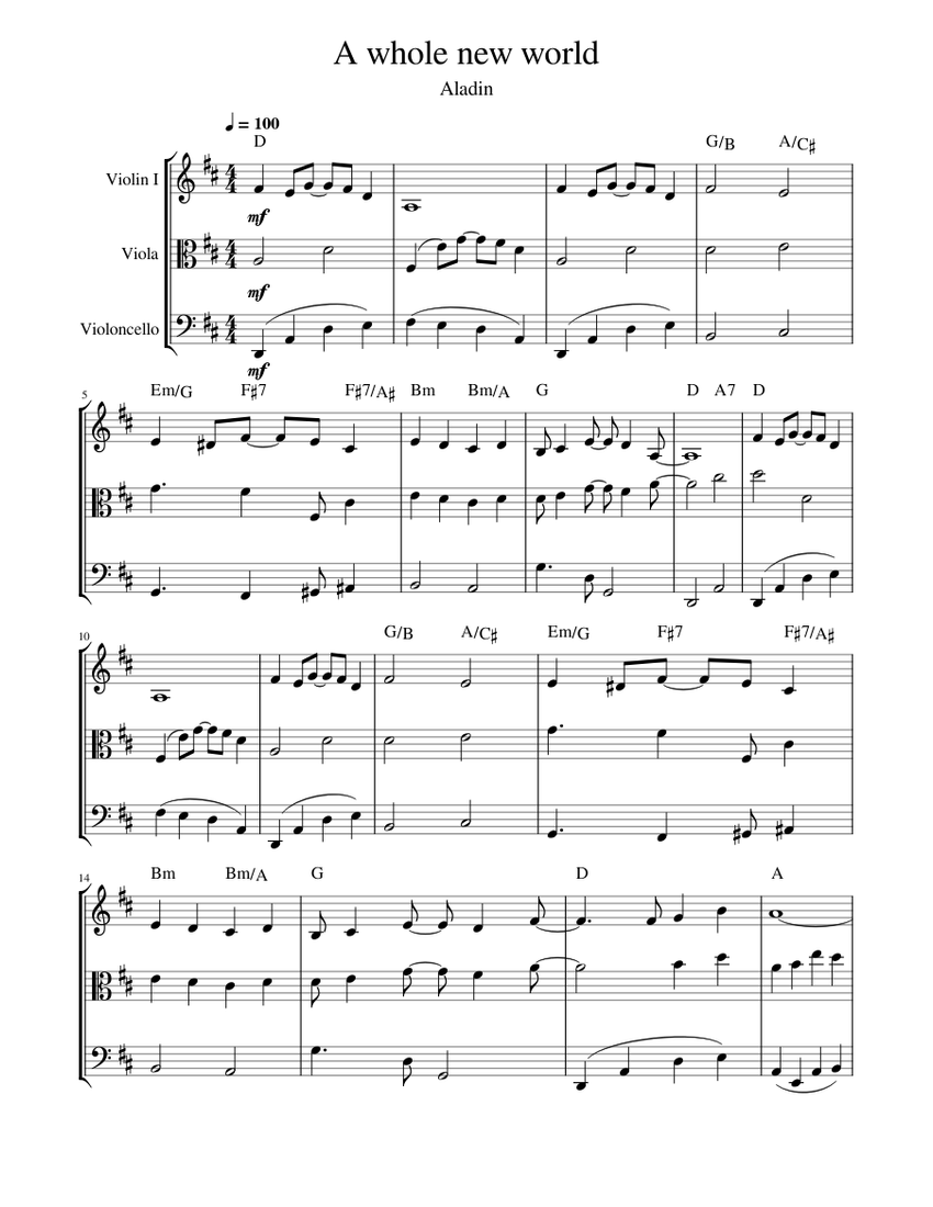 A Whole New World From Disney's Aladdin Alan Menken Sheet music for Violin, Viola, Cello