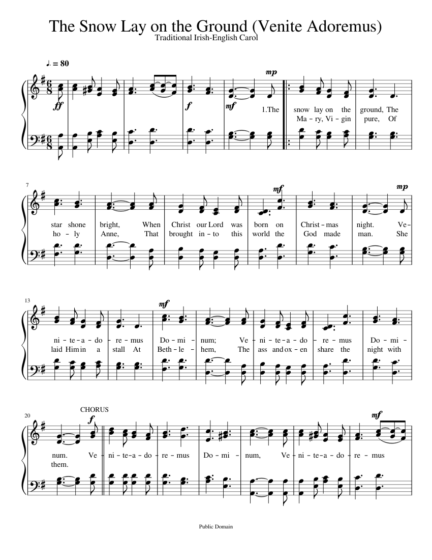 Snow Lay The Snow Lay on the Ground (Venite Adoremus) Sheet Music for Piano ...