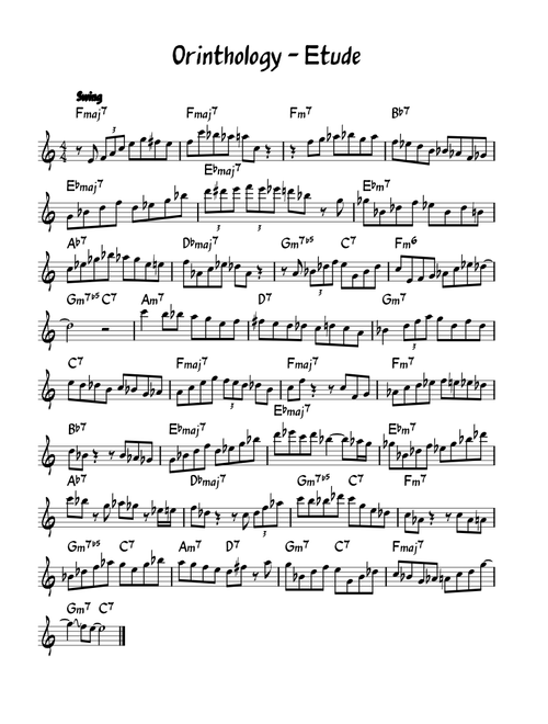 Ornithology – Charlie Parker Ornithology Etude in F - Half Step Above Original Key Charlie Parker