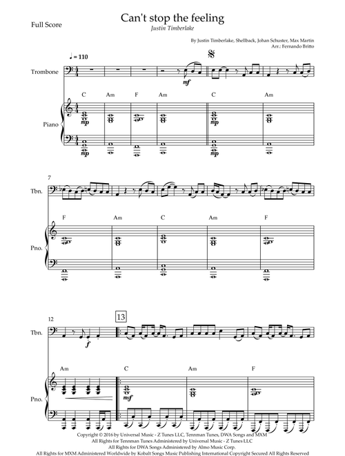 Can't Stop The Feeling! (Arr. Fernando Britto) - Justin Timberlake (Trombone and Piano)