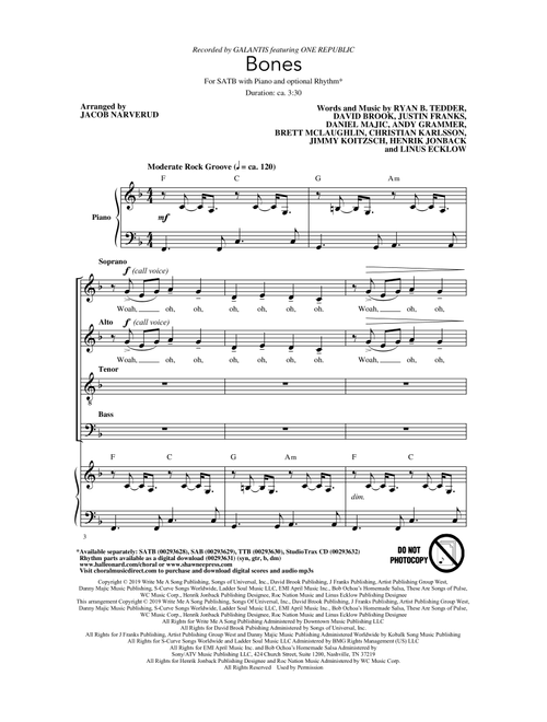 Bones (feat. OneRepublic) (arr. Jacob Narverud) - Galantis (Choral, SATB)