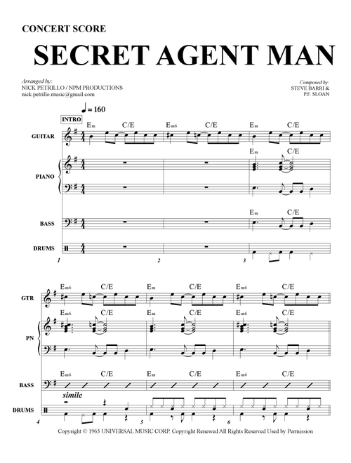 Secret Agent Man (Arr. Nick Petrillo) - Johnny Rivers (Small Ensemble)