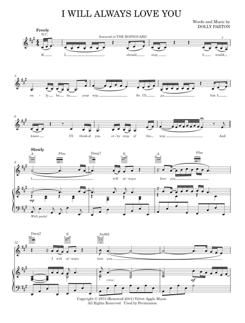 I Will Always Love You - David Foster, Dolly Parton, Whitney Houston (Piano-Vocal-Guitar)