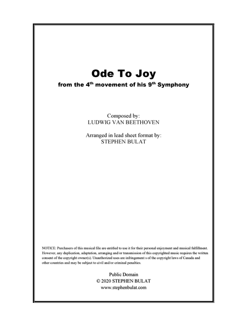 Ode To Joy (Beethoven) - Lead sheet in original key of D (Arr. Stephen Bulat) - Ludwig van Beethoven (Large Ensemble)