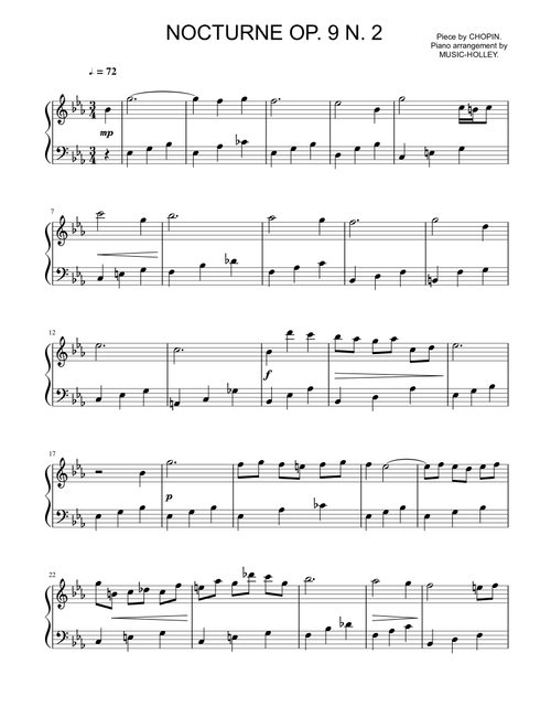 Chopin - Nocturne op.9, n.2 (easy piano sheet) (Arr. Music-holley) - Frédéric Chopin (Instrumental Duet and Piano)