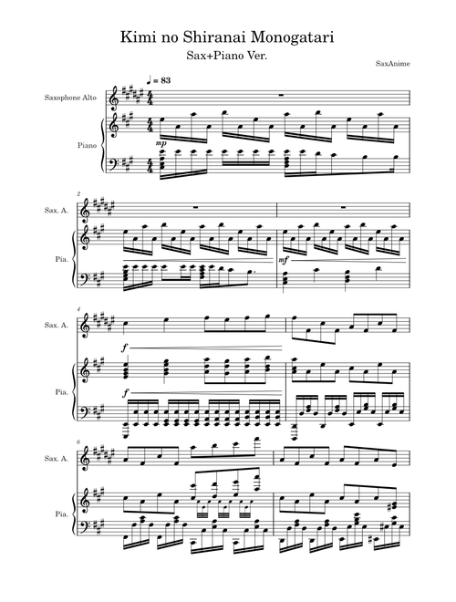 Kimi no shiranai monogatari Sax/Piano - Bakemonogatari ED1