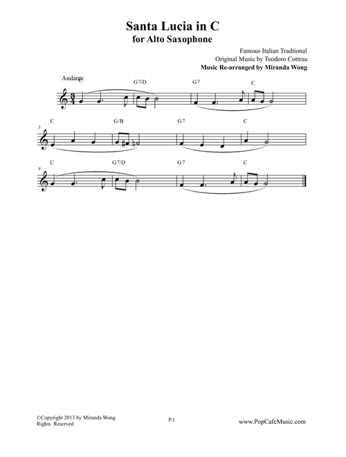 Santa Lucia in C - Alto Saxophone Solo (Arr. Miranda Wong) - Teodoro Cottrau (Small Ensemble)
