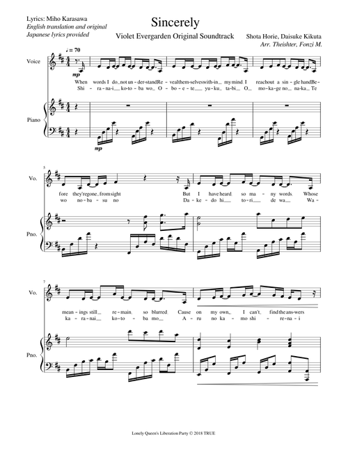 Sincerely - Violet Evergarden OST Piano/Vocal Duet for Performance