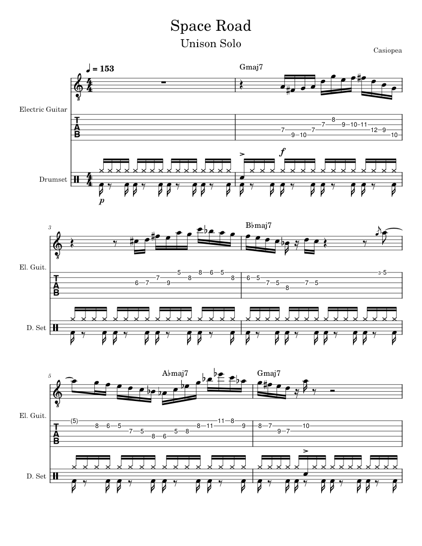Casiopea Space Road (unison solo) Sheet music for Guitar, Drum group