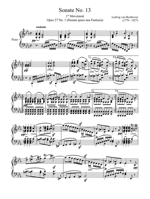 Sonata No. 13 Opus 27 No. 1, “Sonata quasi una Fantasia” sheet