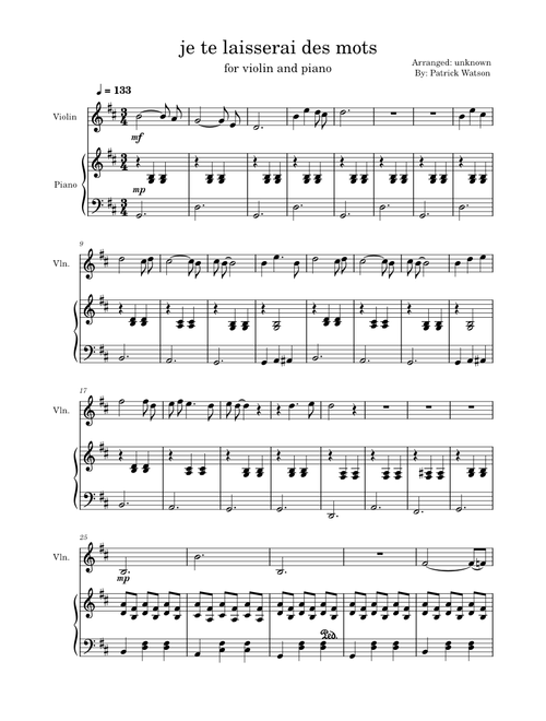 Je te laisserai des mots – Patrick Watson VIOLIN AND PIANO DUET