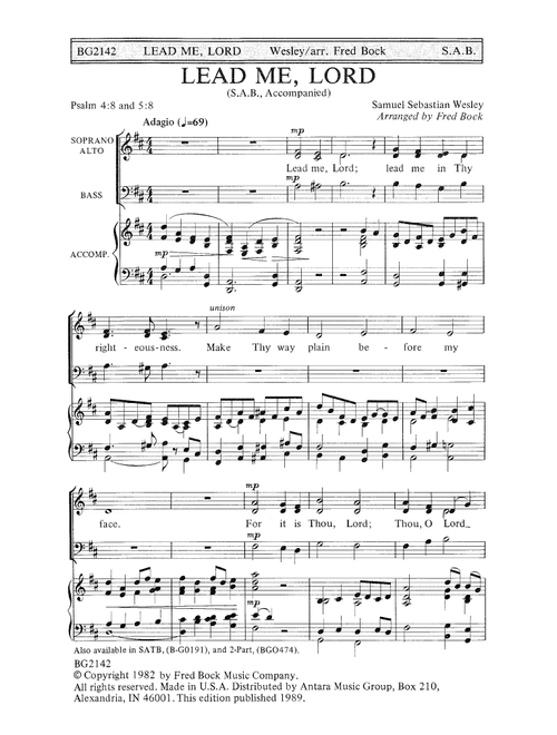 Lead Me, Lord (arr. Fred Bock) - Samuel Sebastian Wesley (Choral, SAB)
