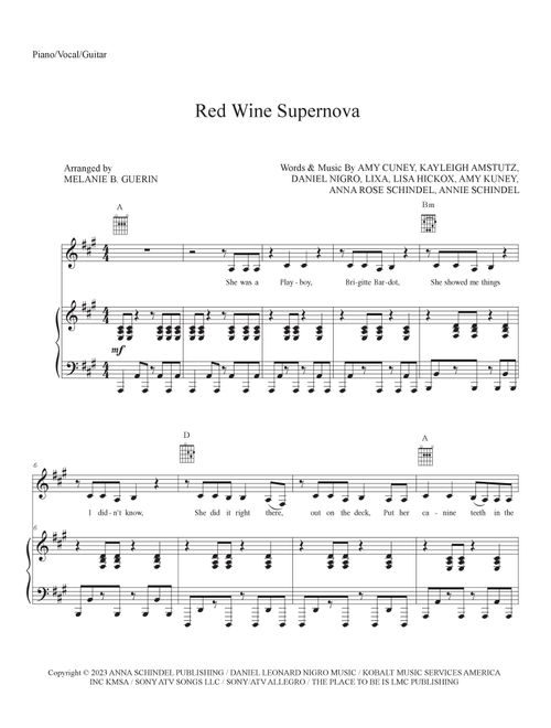 Red Wine Supernova (Arr. Melanie B Guerin) - Chappell Roan (Piano-Vocal-Guitar (Piano Accompaniment))