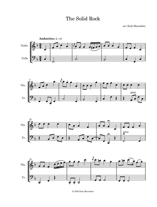 The Solid Rock (violin and cello) (Arr. Zack Macomber) - William B Bradbury (Instrumental Duet)