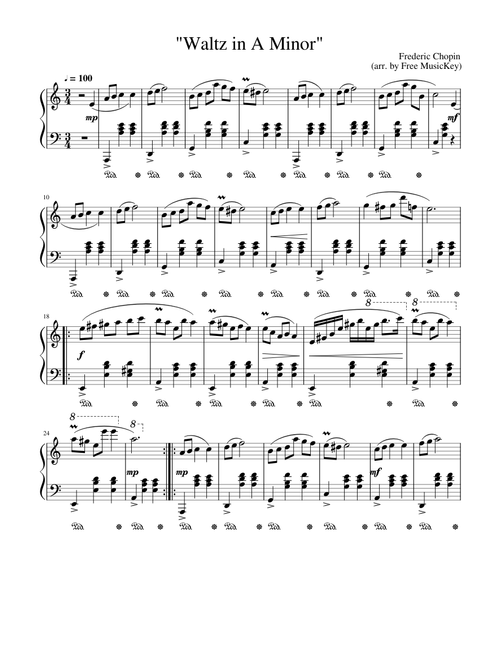 Frederic Chopin "Waltz in A Minor" Easy Piano (arr. by Free MusicKey)