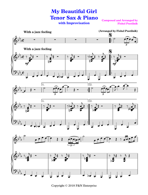 "My Beautiful Girl"-Piano Background for Tenor Sax and Piano (With Improvisation)-Video - Fishel Pustilnik (Instrumental Duet and Piano)