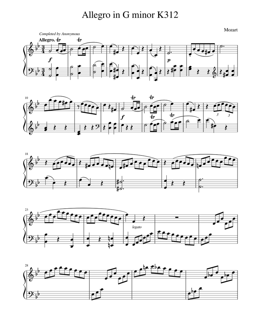 Mozart Allegro in G minor K312/590d Sheet Music for Piano (Solo ...