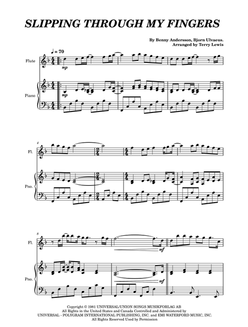 Slipping Through My Fingers (Arr. Terry Lewis) - ABBA (Flute and Piano)