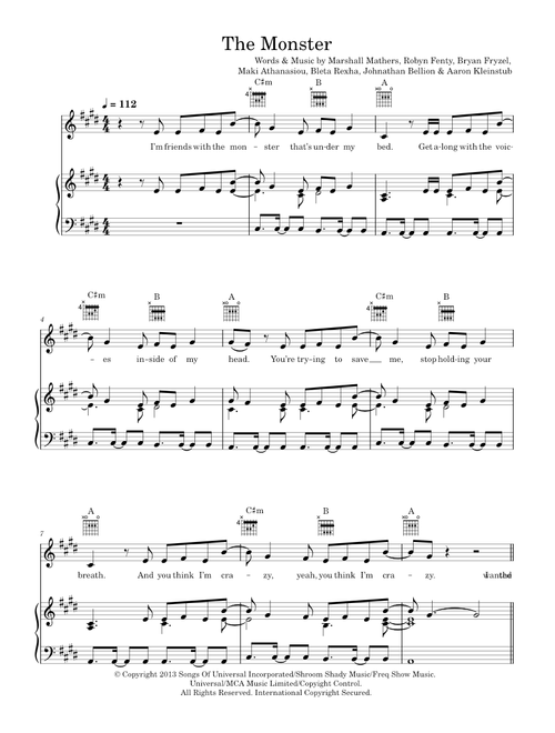The Monster - Eminem feat. Rihanna (Piano-Vocal-Guitar (Piano Accompaniment))