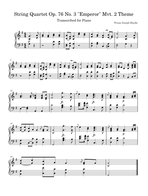Streichquartett Op. 76, No. 3 in C Major (Emperor/Kaiserquartett) – Joseph Haydn Piano