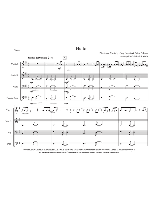 Hello (Arr. Michael T. Geib) - Adele (String Ensemble)