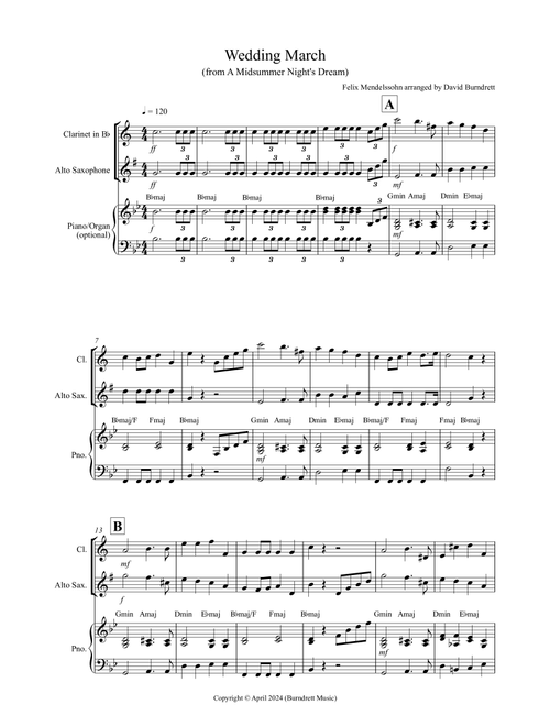 Wedding March (from A Midsummer Night's Dream) for Clarinet and Alto Saxophone Duet (Arr. David Burndrett) - Felix Mendelssohn (Instrumental Duet)