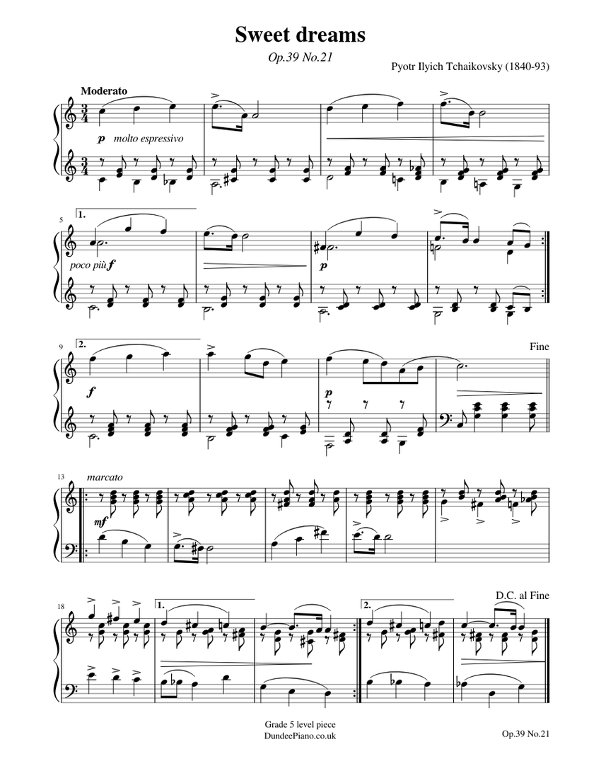Sweet dreams - Tchaikovsky Sheet Music for Piano (Solo) easy