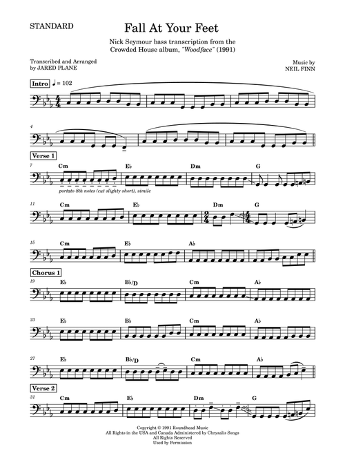 Fall At Your Feet (Arr. Jared Plane) - Crowded House (Bass Guitar (without TAB))