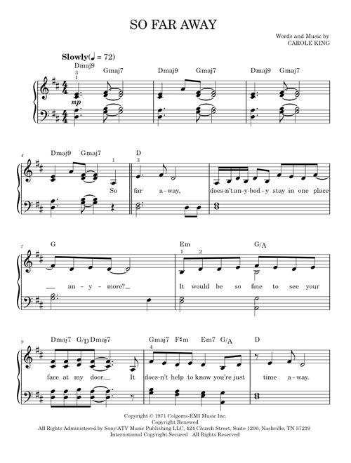 So Far Away - Carole King, Rod Stewart (Easy Piano)