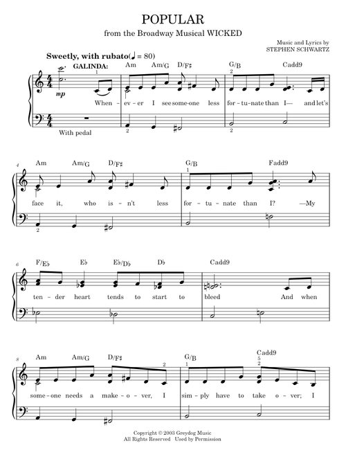 Popular (from Wicked) - Stephen Schwartz, Wicked Musical (Easy Piano)