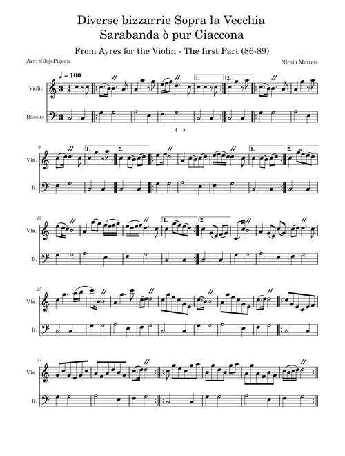 Ayrs for the Violin: The first Part: Diverse bizzarrie Sopra la Vecchia Sarabanda ò pur Ciaccona – Nicola Matteis
