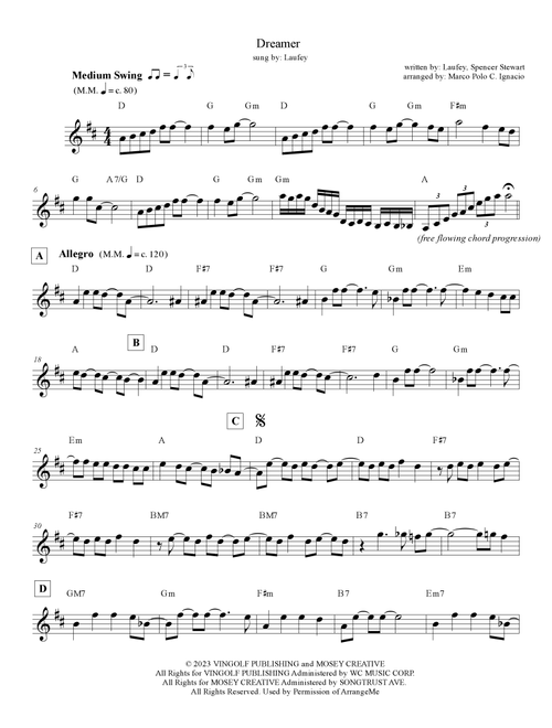 Dreamer (Arr. Marco Polo Ignacio) - Laufey (Lead Sheet - Fake Book)