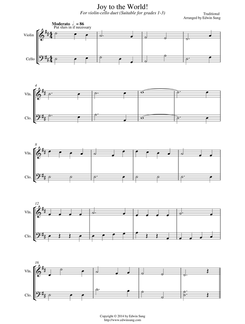 Joy to the World (for violin-cello duet, suitable for grades 1-3) (Arr. Edwin Sung) - Traditional (Instrumental Duet)