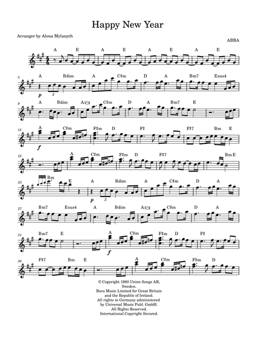 Happy New Year (Arr. Alona Mylanych) - ABBA (Piano Chords-Lyrics)