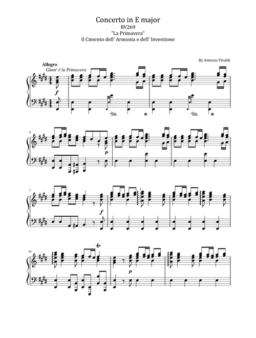 Vivaldi - Violin Concerto in E major, Op. 8, No. 1, RV.269 Spring For Solo Piano Compelet (Arr. poon) - Antonio Vivaldi (Piano Solo)