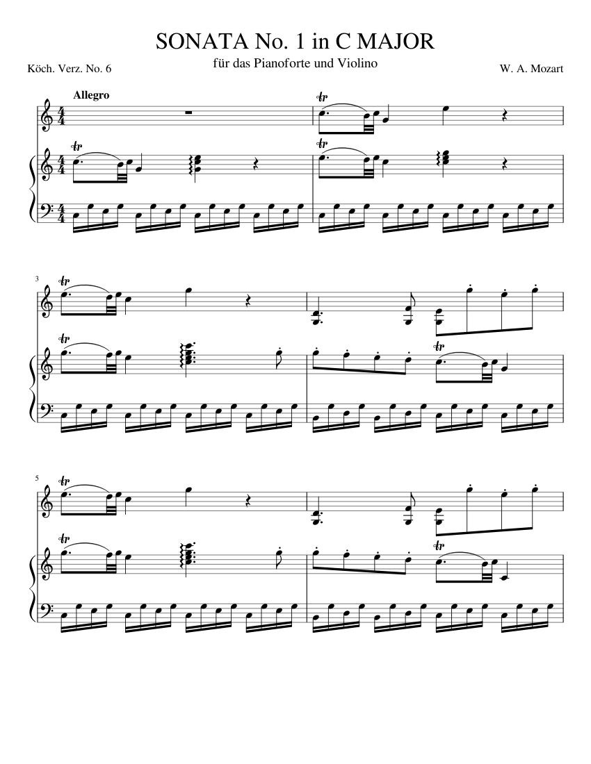 W. A. Mozart, Sonata in C Major, K6. Sheet Music for Piano, Violin ...