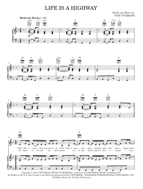 Life Is A Highway (from Cars) - Cars Movie, Rascal Flatts, Tom Cochrane (Piano-Vocal-Guitar)