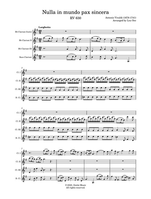 Vivaldi - Nulla in mundo pax sincera for Clarinet Quartet (Score and Parts) (Arr. Lou Oce) - Antonio Vivaldi (Woodwind Ensemble)