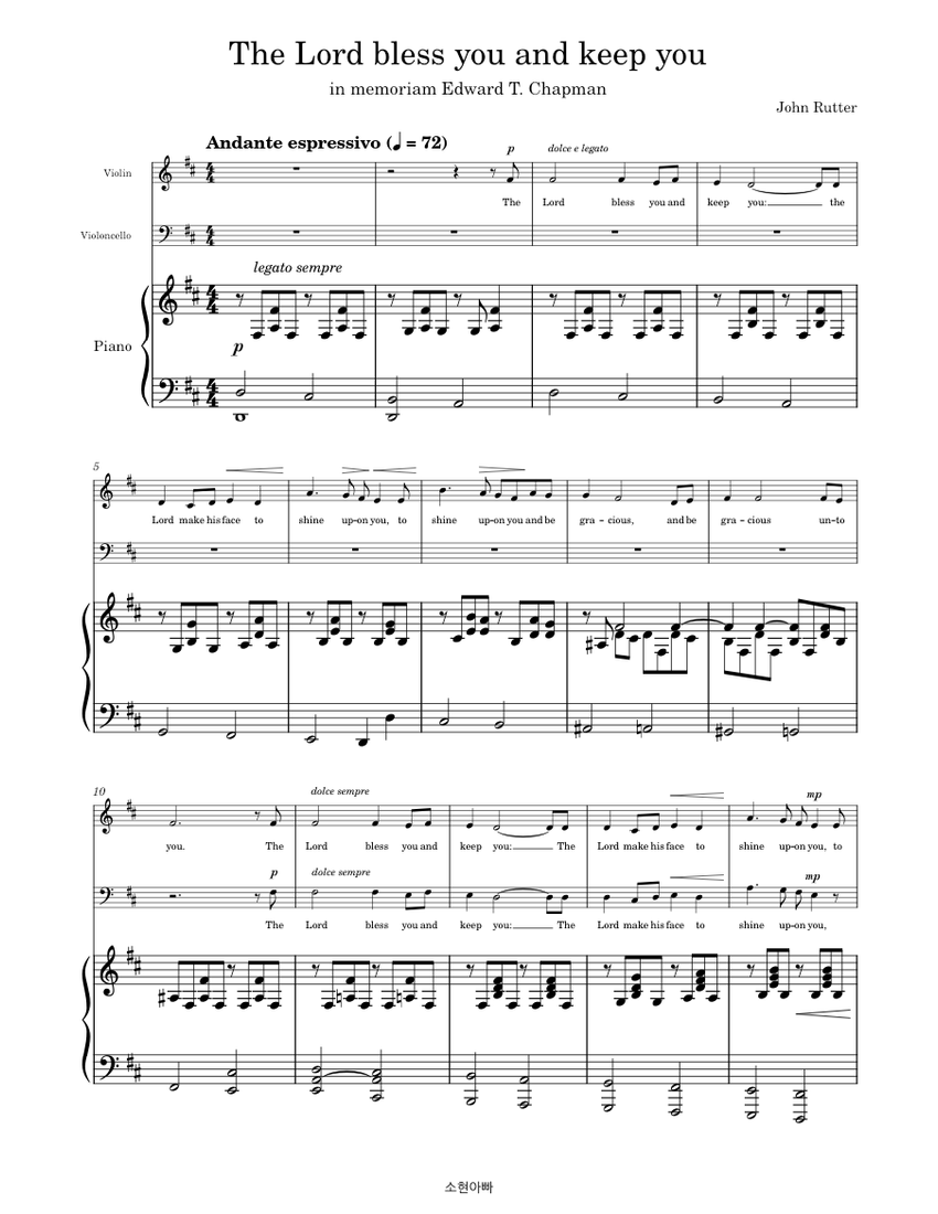 The Lord bless you and keep you – John Rutter Sheet Music for Piano, Violin, Cello (Piano Trio ...