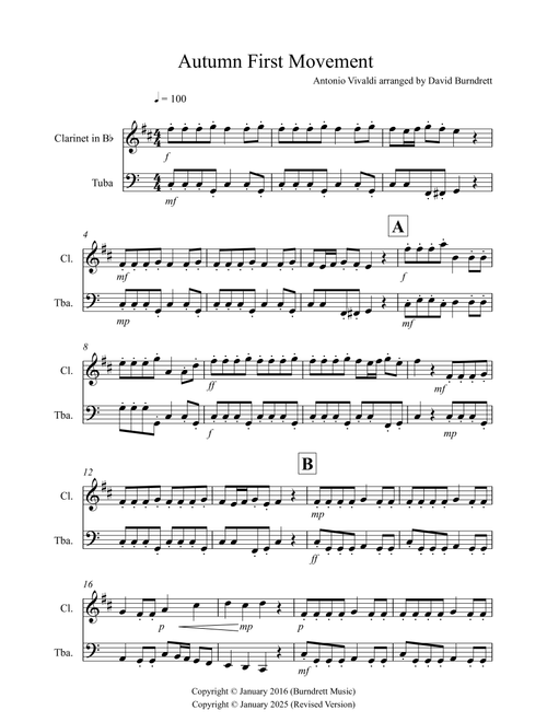 Autumn "Four Seasons" for Clarinet and Tuba Duet (Arr. David Burndrett) - Antonio Vivaldi (Instrumental Duet)