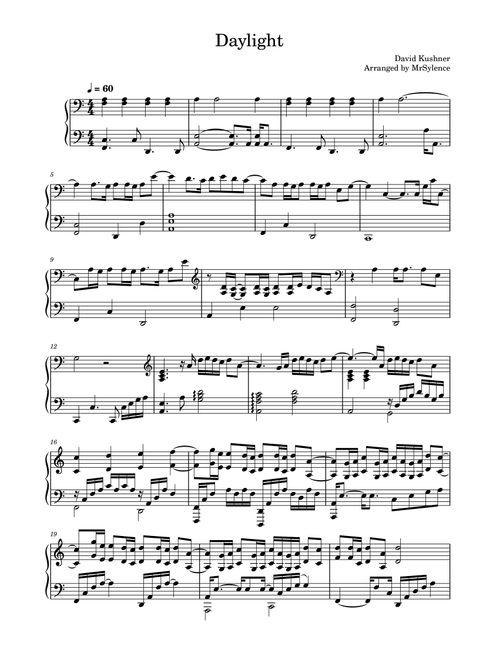 Daylight (Arr. MrSylence) - David Kushner (Easy Piano)