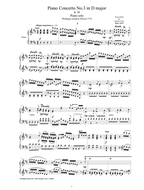 Mozart - Piano Concerto No.3 in D major K 40 - Piano version (Arr. Santino Cara) - Mozart Wolfgang Amadeus (Piano Solo)