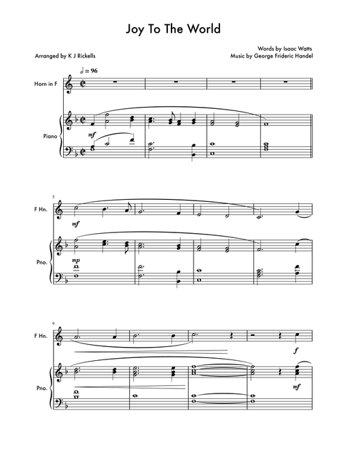 Joy To The World - French Horn (Arr. Kacie J. Rickells) - Isaac Watts, George Frideric Handel (French Horn and Piano)