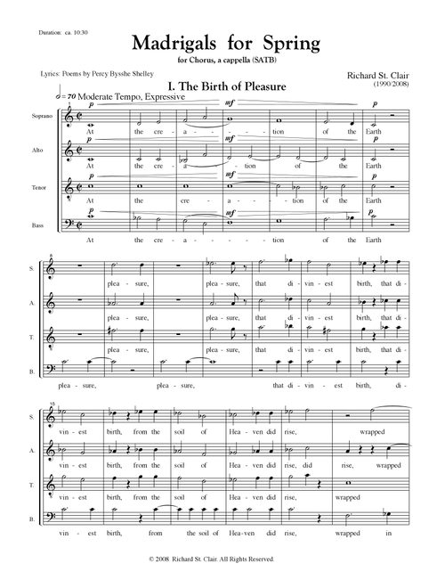 Madrigals for Spring for SATB Chorus a Capella - Richard St. Clair (Choral, SATB)