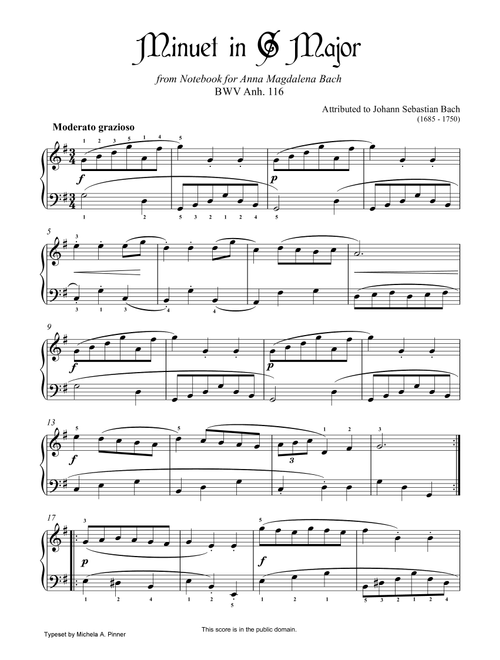 Minuet in G Major (BVW Anh 116), by J.S. Bach (Arr. Michela A. Pinner) (Piano Solo)